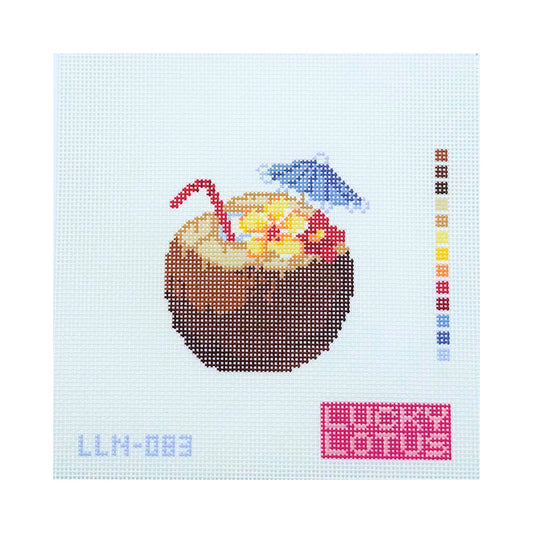Brown Coconut Drink Tropical Needlepoint Canvas, 13 Mesh, 3.8" x 4.0" Design