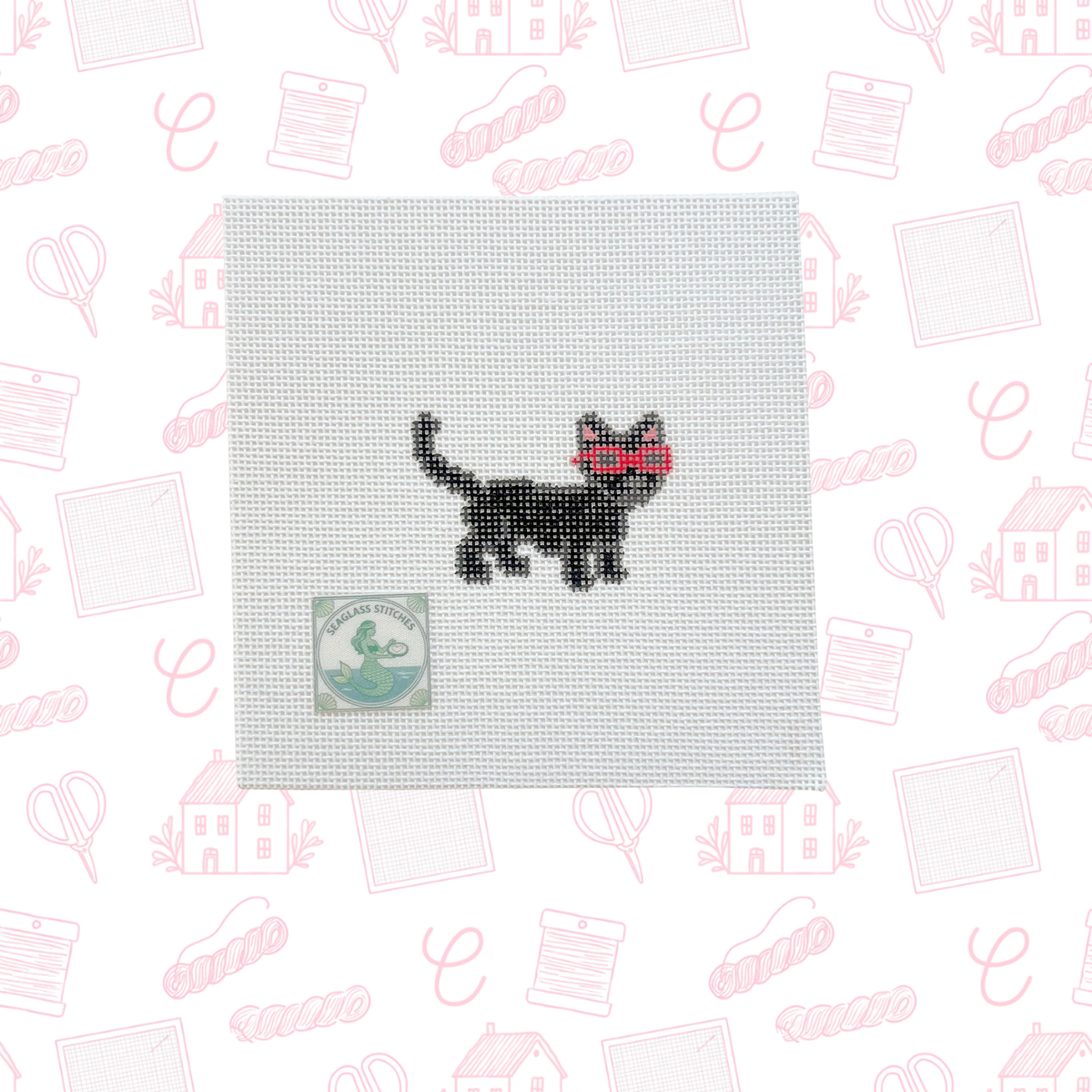 Black Cat with Pink Sunglasses Needlepoint Canvas, Hand-Painted 18 Mesh