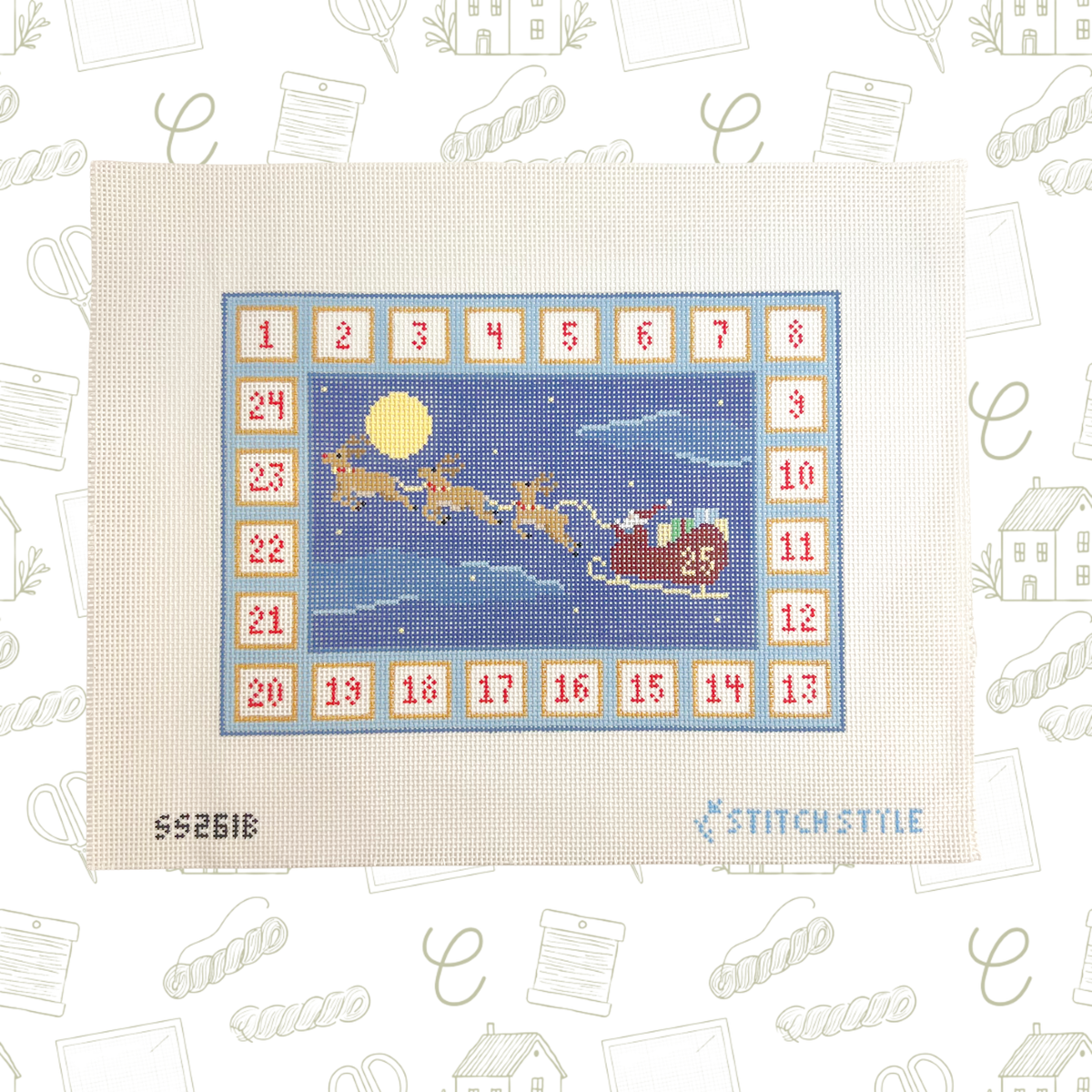 Santa and Reindeer Advent Calendar Needlepoint Canvas, 13 Mesh, 10"x7" Design Size