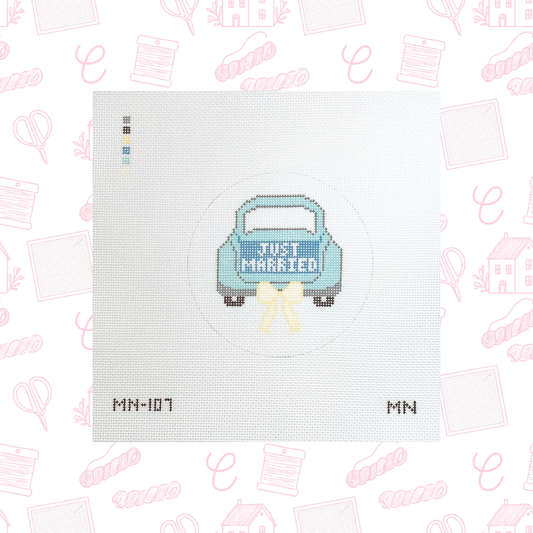 Just Married Car Needlepoint Canvas, 18 Mesh, 4"x4" Design Size