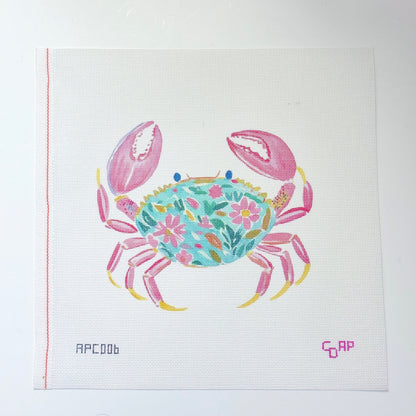 Floral Watercolor Crab Artist Printed Needlepoint Canvas 18 Mesh 10x8 Design