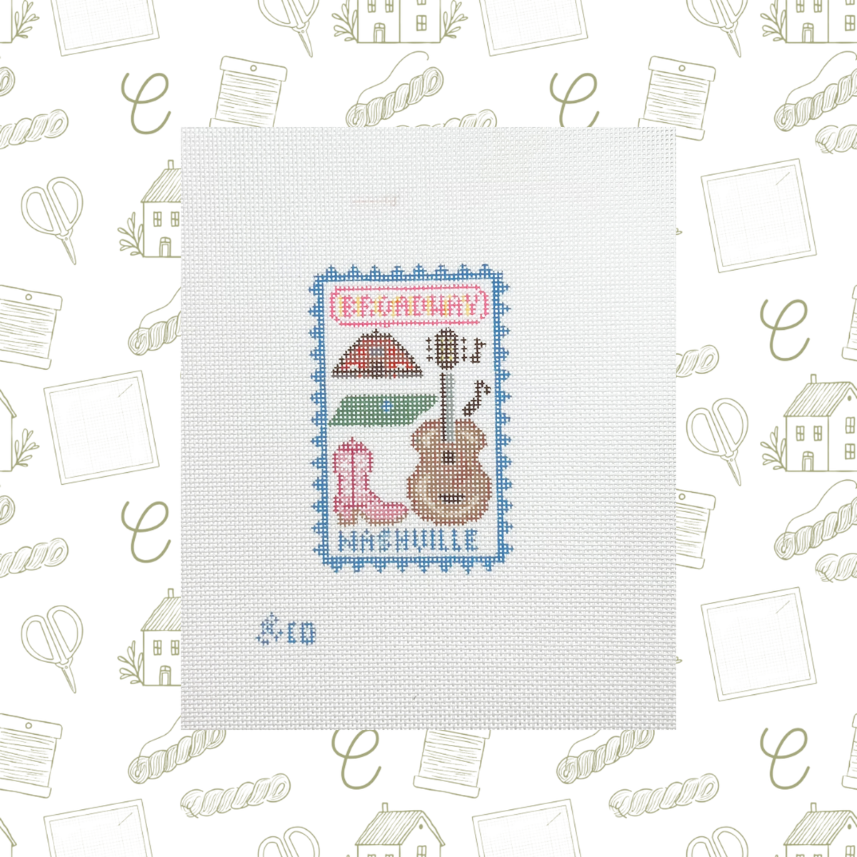 Nashville Travel Stamp Needlepoint Canvas, 18 Mesh, ~2.5"x4" Design Size
