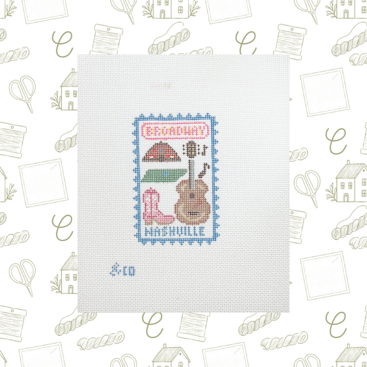 Nashville Travel Stamp Needlepoint Canvas, 18 Mesh, ~2.5"x4" Design Size
