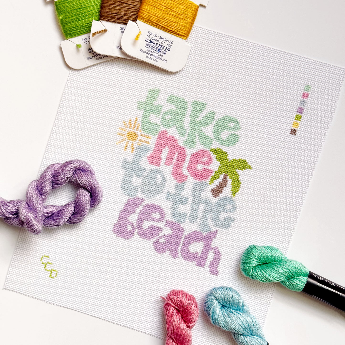 Take Me to the Beach Retro Needlepoint Canvas | Hand-Painted 18 Mesh | 5” x 4” Design on 8” x 8” Canvas