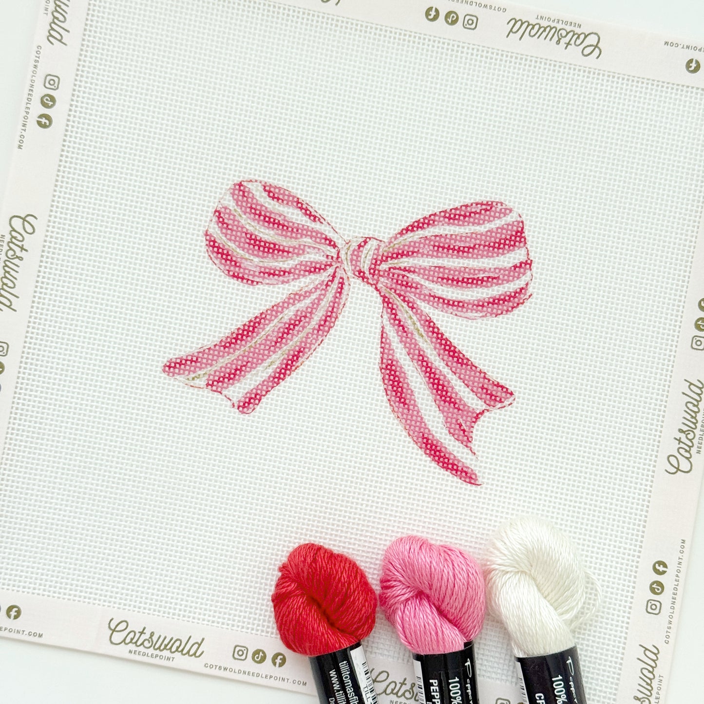 Pink Red Striped Christmas Needlepoint Canvas, 18 Mesh, Artisan Printed Needlepoint, 4x4 Design