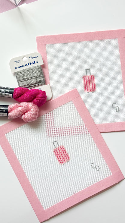 Mini Pink Striped Suitcase Travel Needlepoint Canvas, Mini Bag Tag Needlepoint, 18 Mesh, 2x2.25 Design