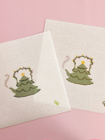 Christmas Tree Tea Kettle 18 Mesh Needlepoint Canvas – 2.5” x 3” Design