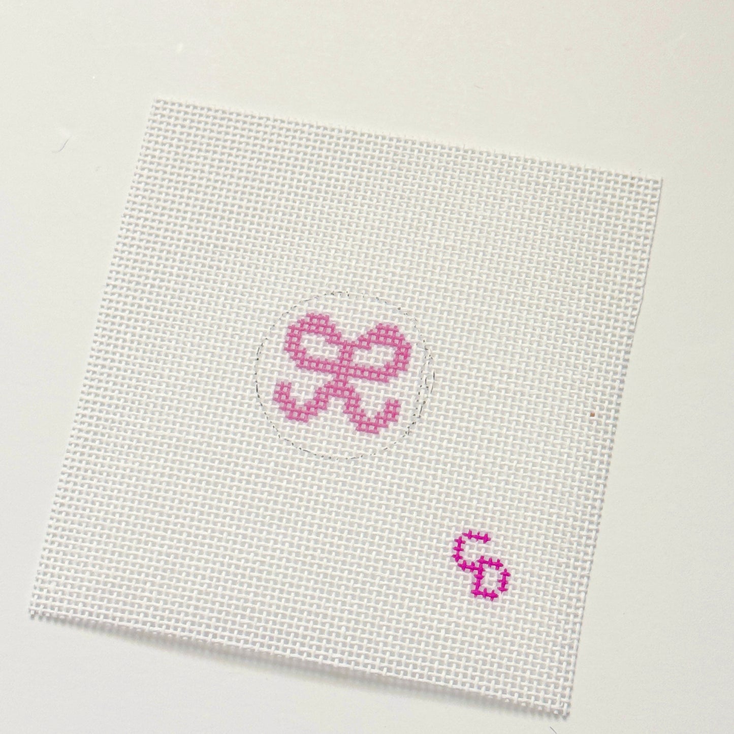 Mini 1” Round Bag Tag Insert Pink Bow Hand Painted Needlepoint Canvas 18 Mesh, 1x1 Design