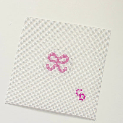 Mini 1” Round Bag Tag Insert Pink Bow Hand Painted Needlepoint Canvas 18 Mesh, 1x1 Design