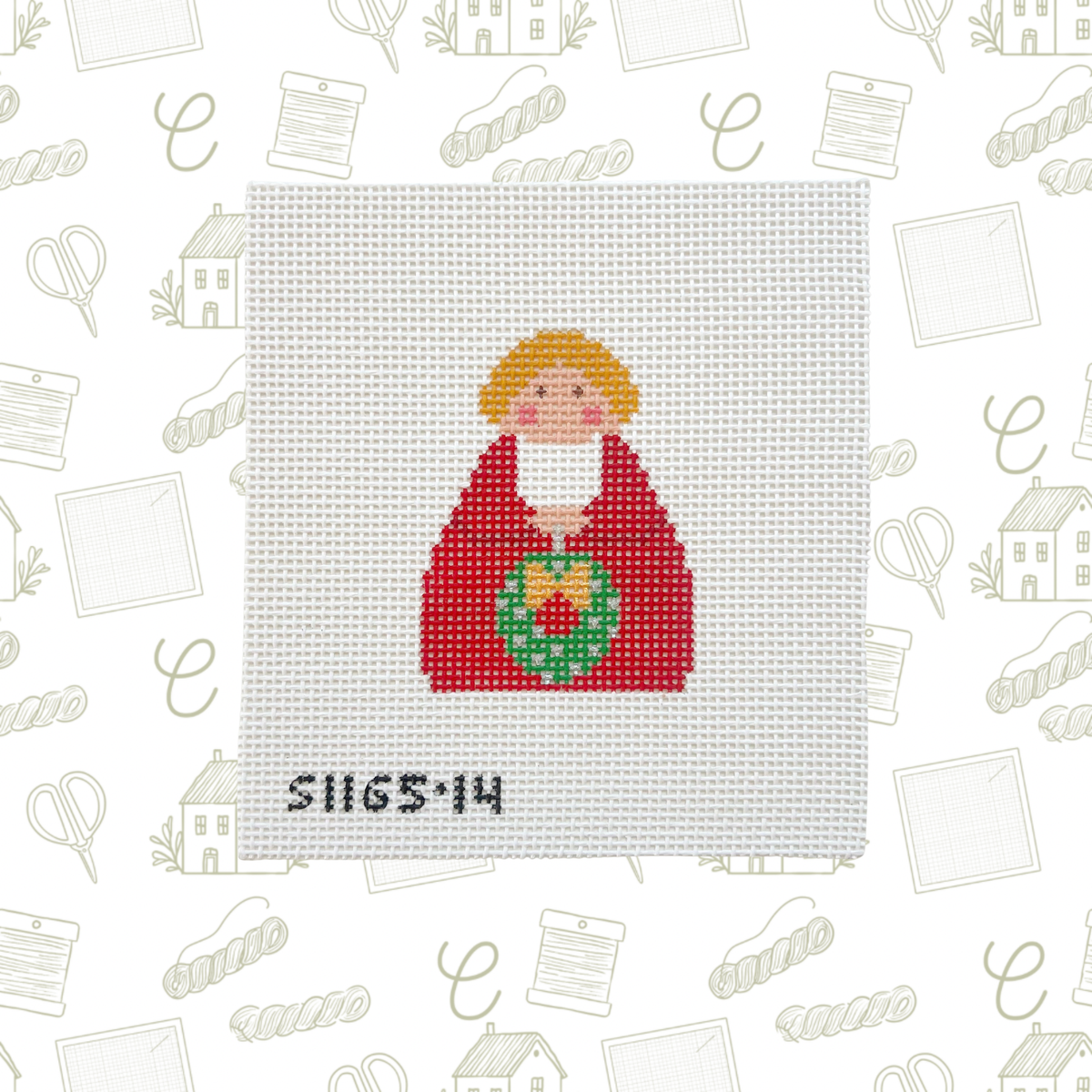 Red Angel with Green Wreath Needlepoint Canvas, 13 Mesh, 2.5"x3" Design Size