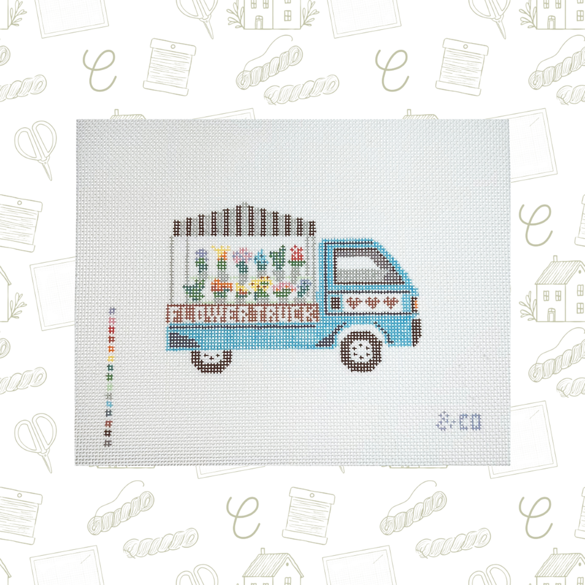 Flower Truck Needlepoint Canvas, 18 Mesh, 4.5"x3" Design Size