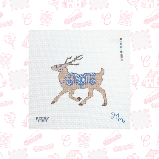 Blue Chinoiserie Reindeer Needlepoint Canvas