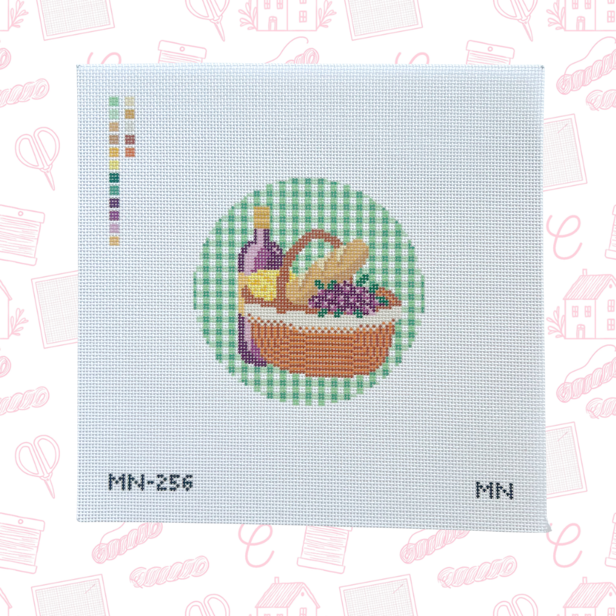 Vineyard Picnic with Green Gingham Background Needlepoint Canvas, 18 Mesh, 4"x4" Round Design Size