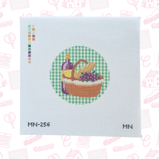 Vineyard Picnic with Green Gingham Background Needlepoint Canvas, 18 Mesh, 4"x4" Round Design Size