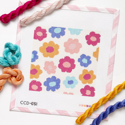 Retro Flower Pillow Needlepoint Canvas | Hand-Painted 13 Mesh | 8.5” x 8.5” Design on 12” x 12” Canvas