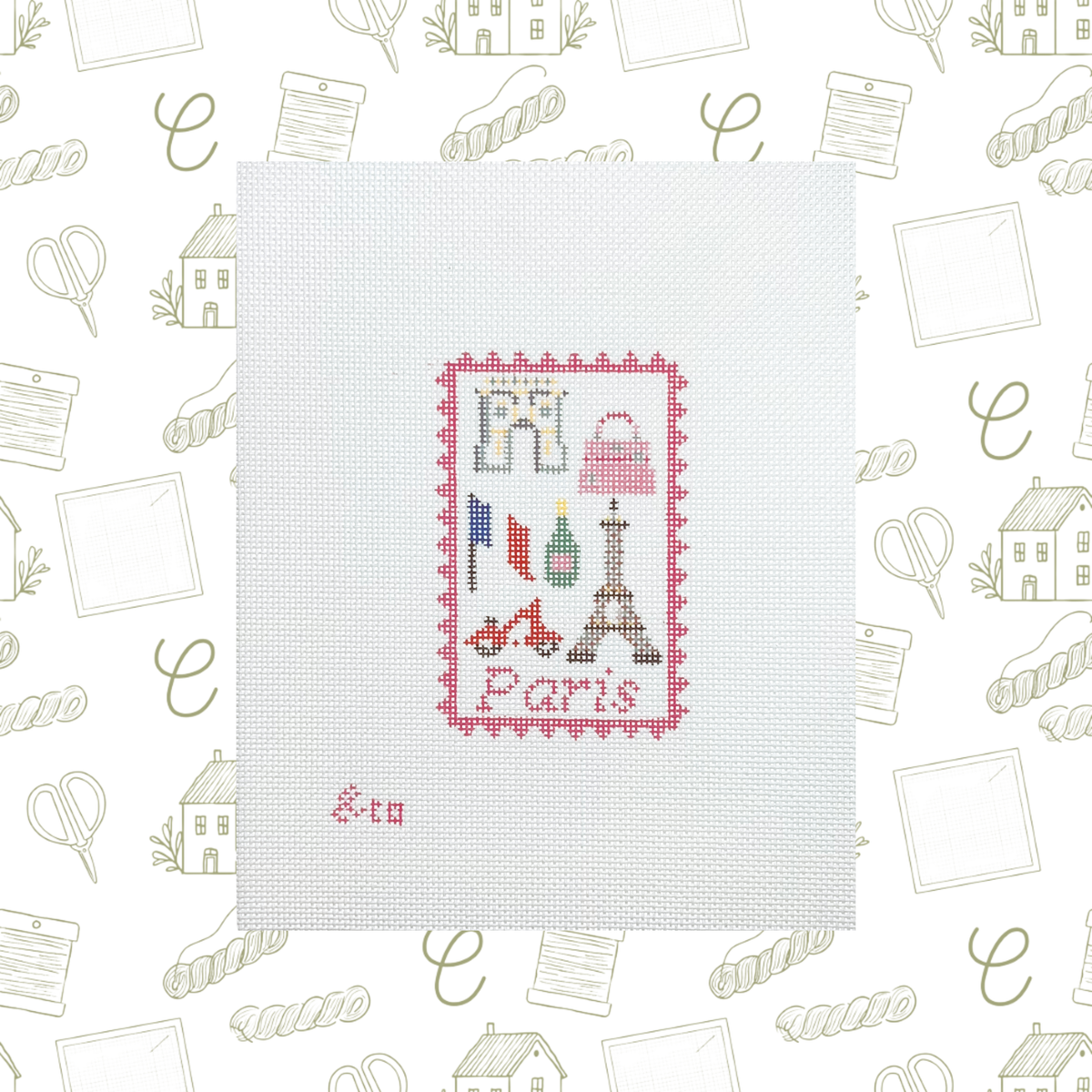 Paris Travel Stamp Needlepoint Canvas,18 Mesh,  ~2.5"x4.5" Design Size