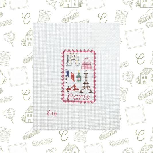 Paris Travel Stamp Needlepoint Canvas,18 Mesh,  ~2.5"x4.5" Design Size