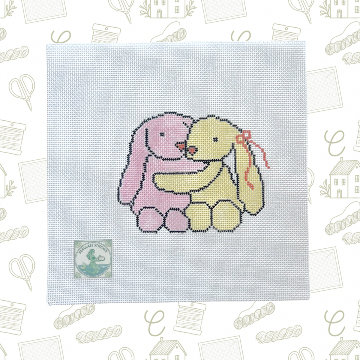 Bunny Hug Needlepoint Canvas, 18 Mesh, ~4"x3.5" Design Size