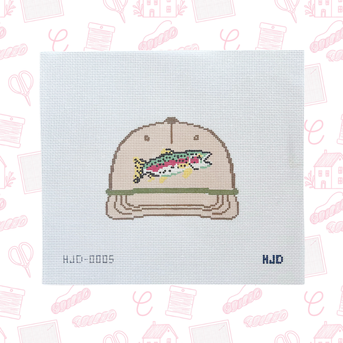 The Rainbow Trout Hat Needlepoint Canvas, 18 Mesh, 4.5"x4" Design Size
