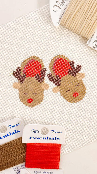 Reindeer Slippers Christmas Needlepoint Canvas 18 Mesh 2.5”x2.5” Design