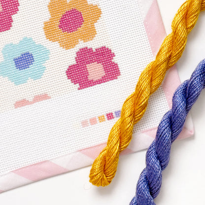 Retro Flower Pillow Needlepoint Canvas | Hand-Painted 13 Mesh | 8.5” x 8.5” Design on 12” x 12” Canvas