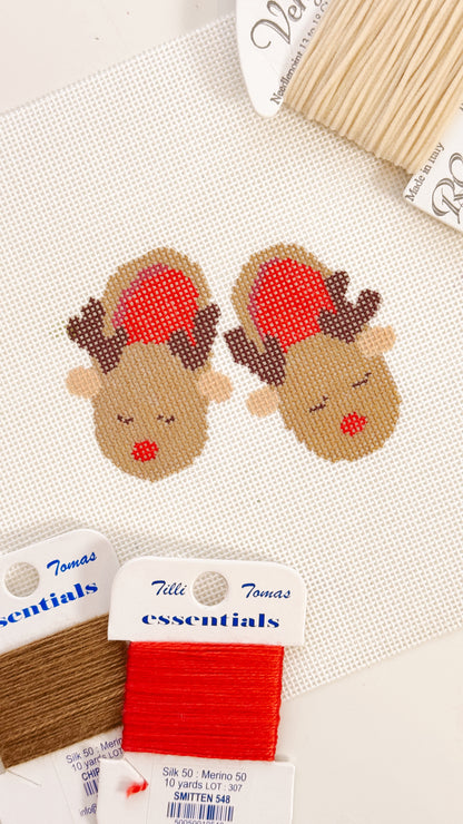 Reindeer Slippers Christmas Needlepoint Canvas 18 Mesh 2.5”x2.5” Design