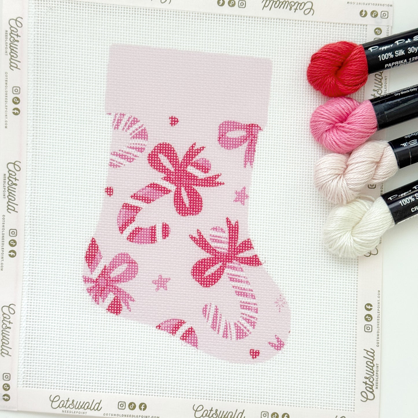 Candy Cane Bows Mini Christmas Needlepoint Canvas, 18 Mesh, Artisan Printed Needlepoint, 6x9 Design