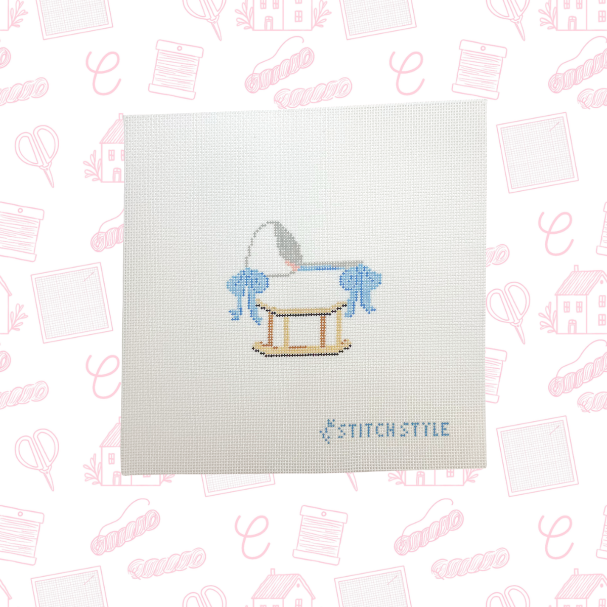 Baby Bassinet Blue Bows Needlepoint Canvas, 18 Mesh, 4x4 Design