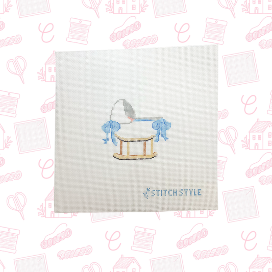 Baby Bassinet Blue Bows Needlepoint Canvas, 18 Mesh, 4x4 Design