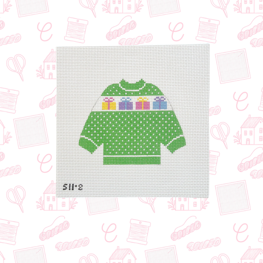 Green Present Sweater Needlepoint Canvas, 13 Mesh, ~5.5"x4.5" Design Size