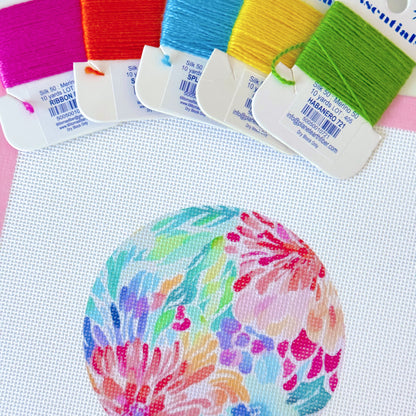 Floral Round Ornament Needlepoint Canvas, Artisan Printed Needlepoint Canvas, 18 Mesh, 4x4 Design