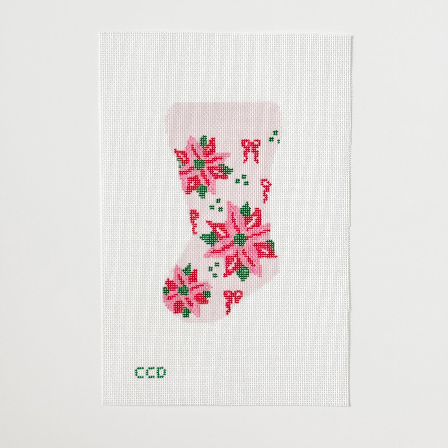 Wholesale Exclusive Poinsettia Bow Mini Stocking 18 Mesh Hand Painted Needlepoint Canvas 6”x3”