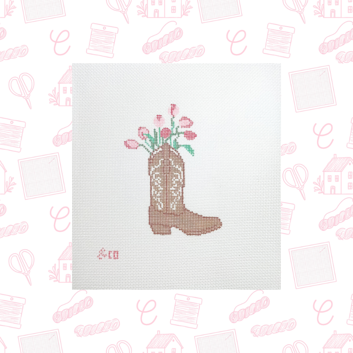 Cowboy Boot with Tulips Needlepoint Canvas, 18 Mesh, 3"x5" Design Size