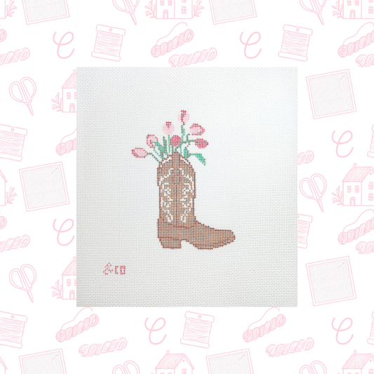 Cowboy Boot with Tulips Needlepoint Canvas, 18 Mesh, 3"x5" Design Size