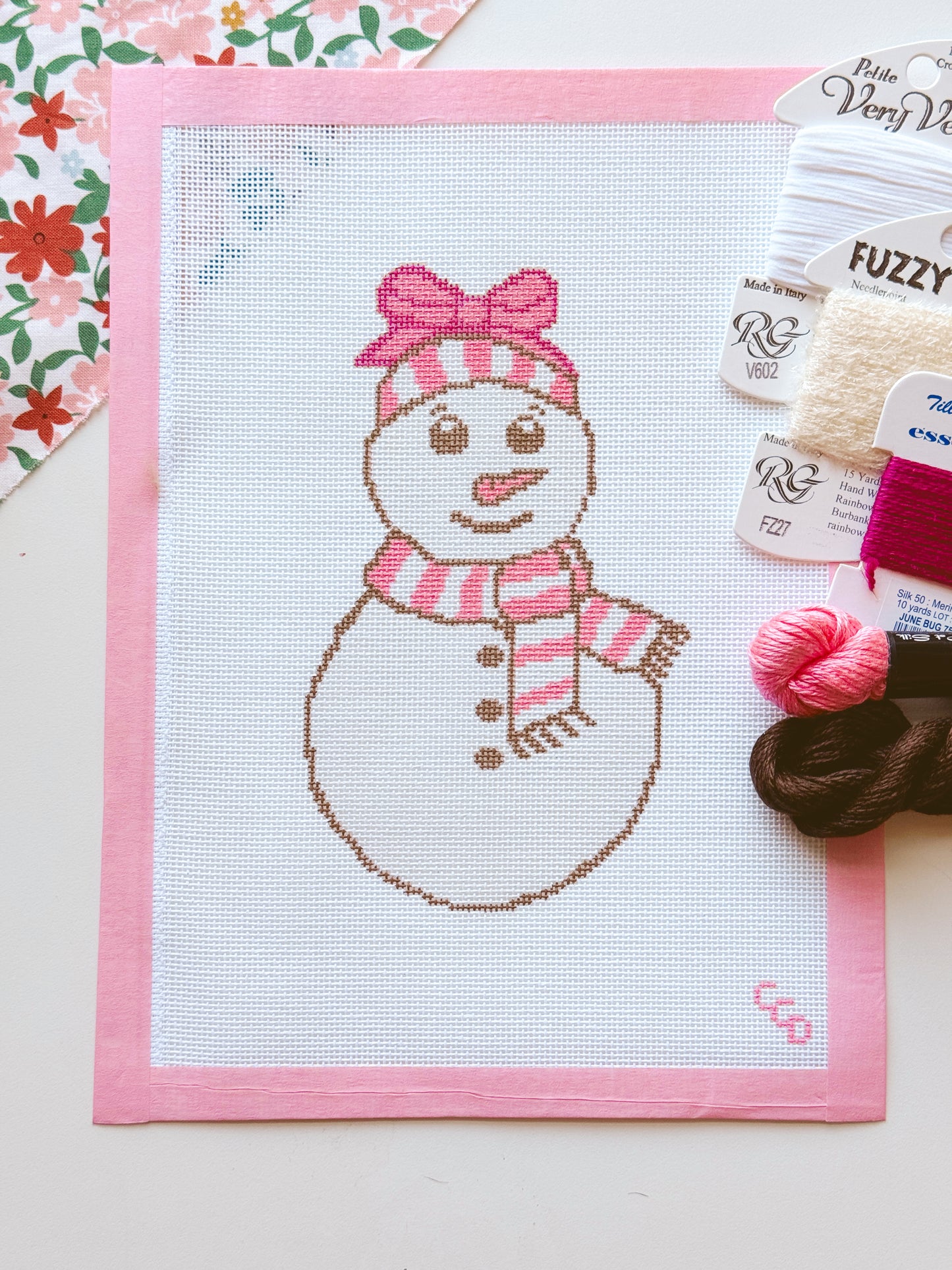 Pink Snowman Needlepoint Canvas 18 Mesh 4”x7” Design, Modern Winter Snowman Needlepoint