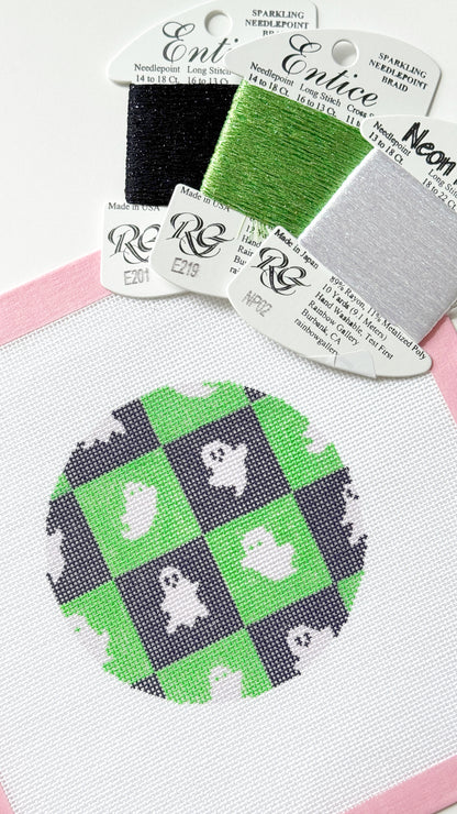 Checkered Ghost Round Halloween Needlepoint Canvas, Halloween Ornament Needlepoint, 18 Mesh, 4x4 Design