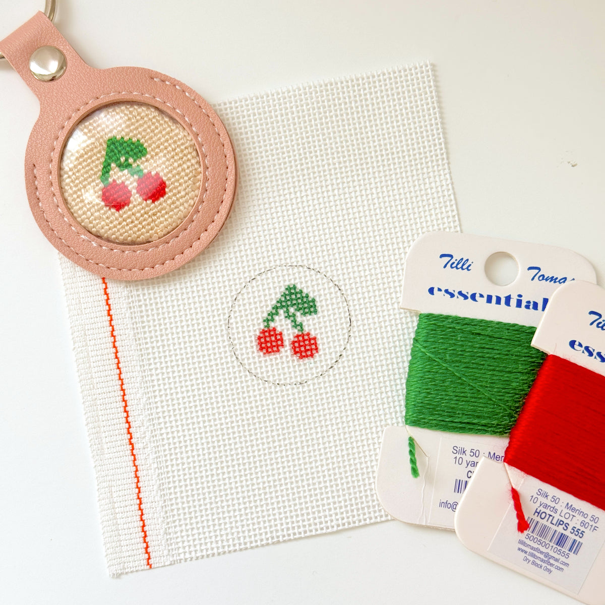 Mini Cherry 1” Round Key Fob Needlepoint Canvas, Mini Needlepoint Canvas, Cherry Needlepoint