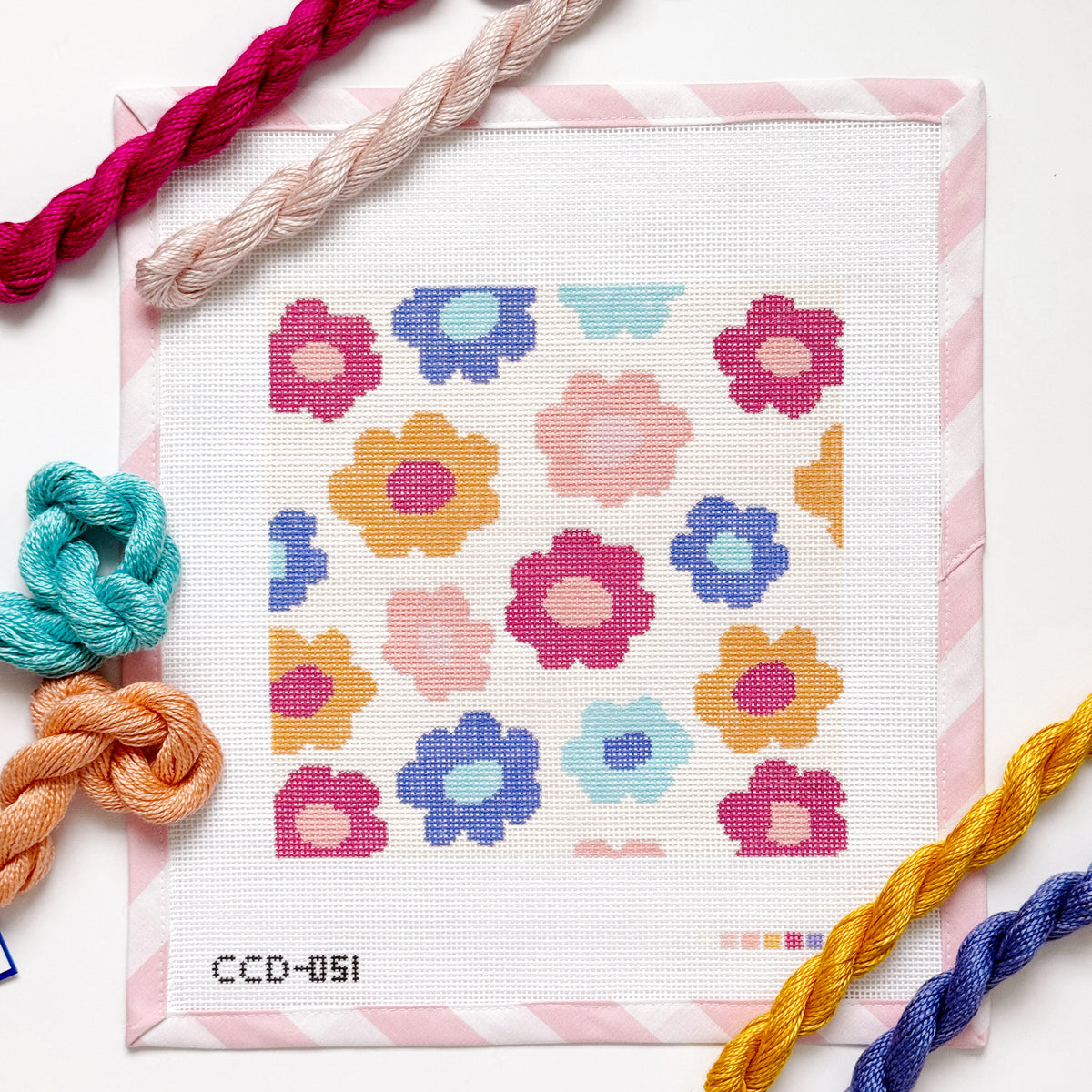 Retro Flower Pillow Needlepoint Canvas | Hand-Painted 13 Mesh | 8.5” x 8.5” Design on 12” x 12” Canvas