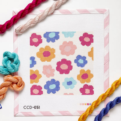 Retro Flower Pillow Needlepoint Canvas | Hand-Painted 13 Mesh | 8.5” x 8.5” Design on 12” x 12” Canvas