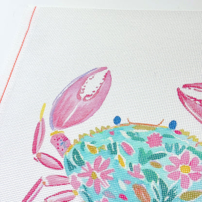 Floral Watercolor Crab Artist Printed Needlepoint Canvas 18 Mesh 10x8 Design