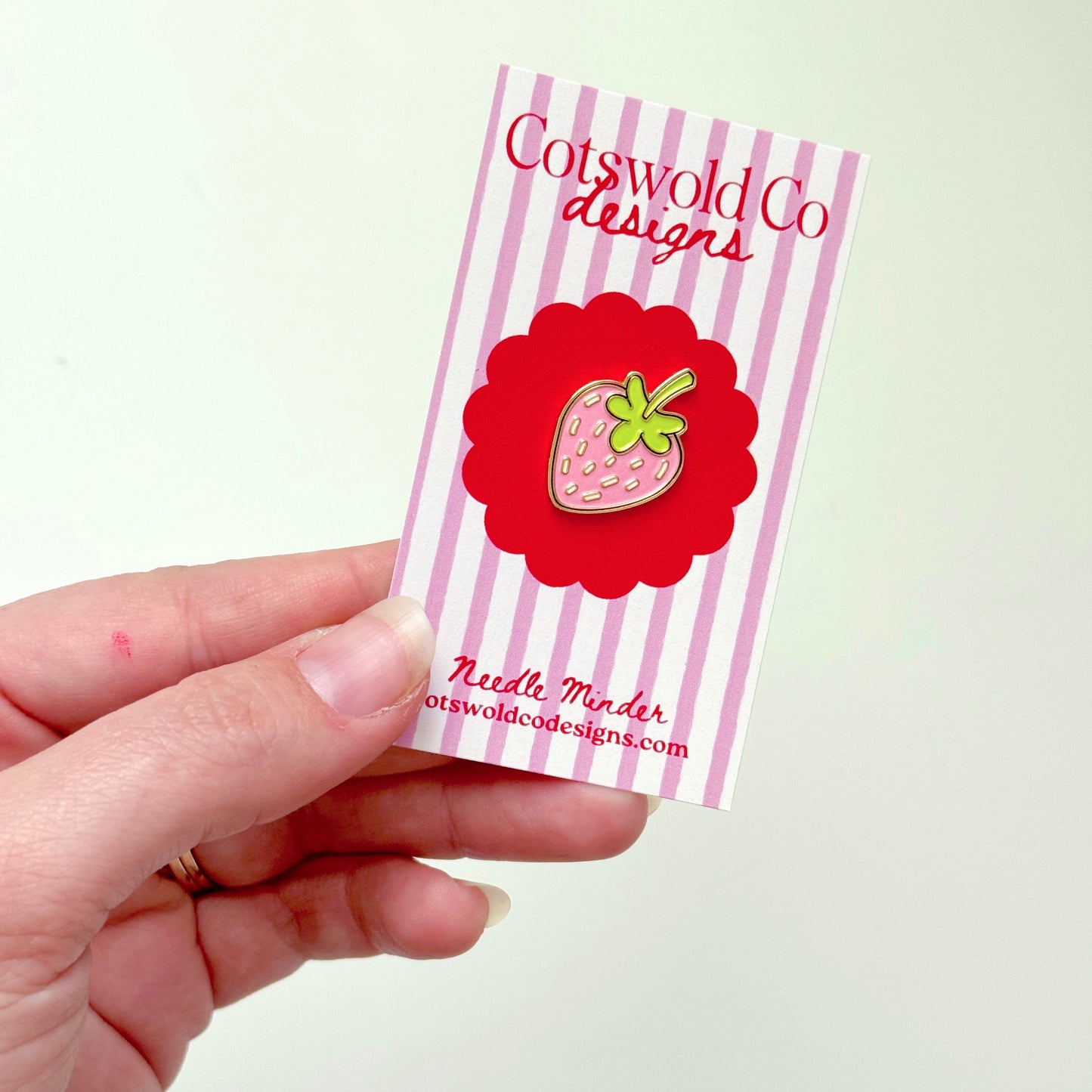 Pink Strawberry Needlepoint Needle minder, Aesthetic Needle minder, Whimsical Needle minder