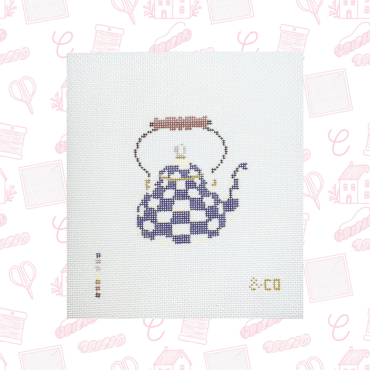 Navy Teapot Needlepoint Canvas, 18 Mesh, 3"x3.5" Design Size