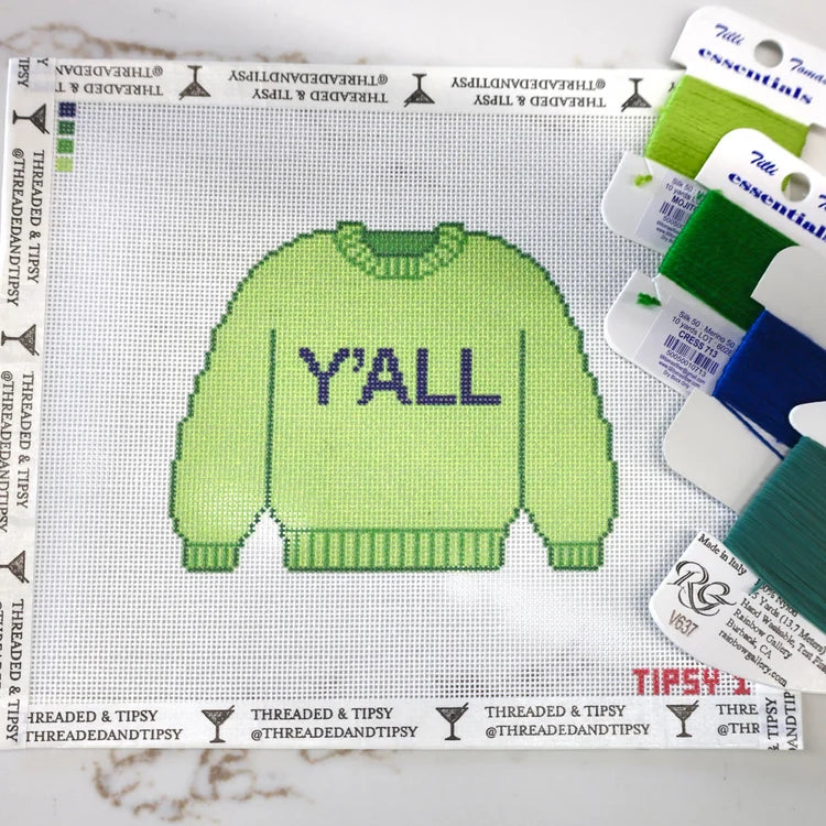Y'all Sweater Needlepoint Canvas, Green Sweater Southern Needlepoint Canvas, 18 Mesh, 5 X 4 Design