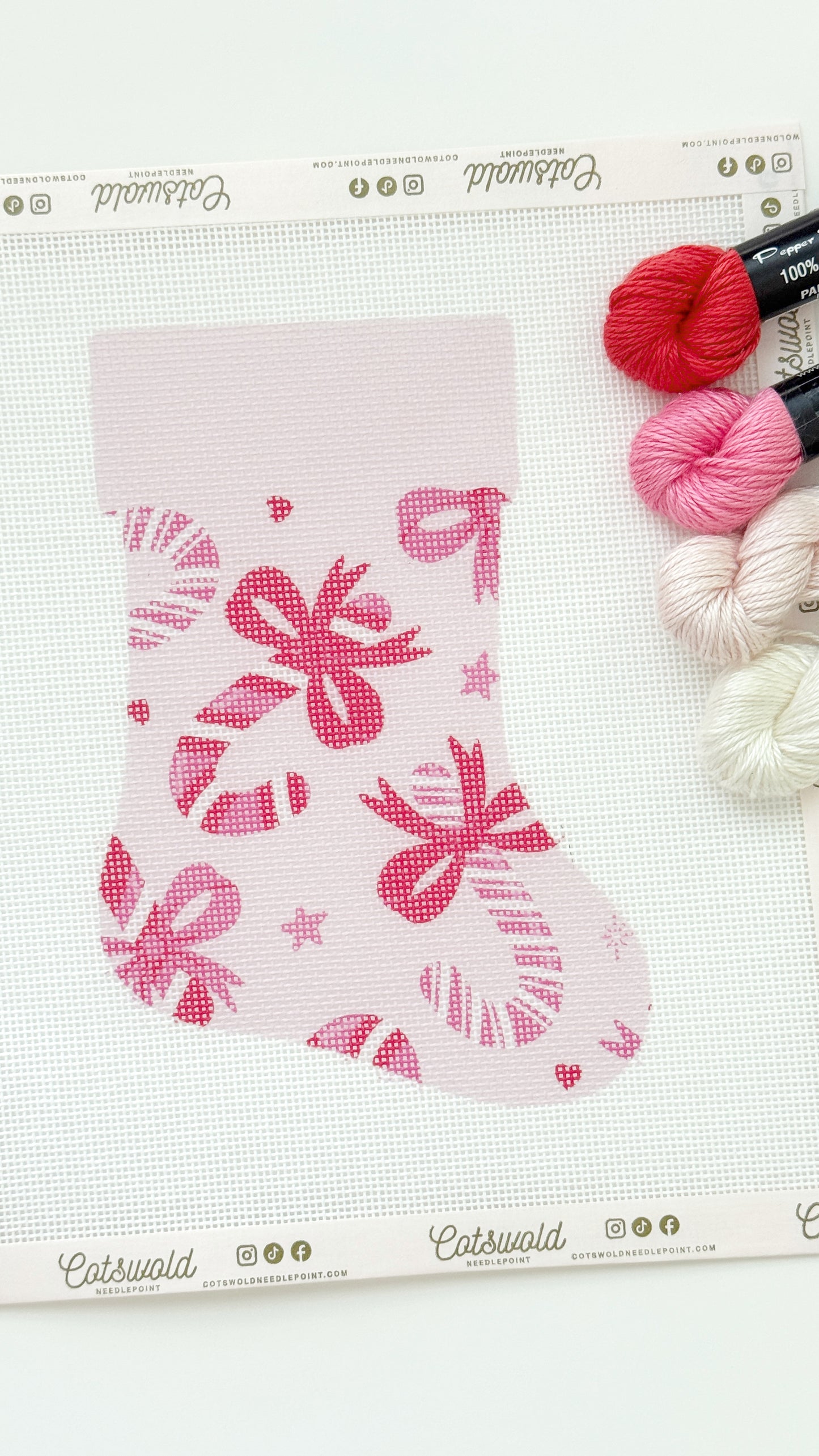 Candy Cane Bows Mini Christmas Needlepoint Canvas, 18 Mesh, Artisan Printed Needlepoint, 6x9 Design