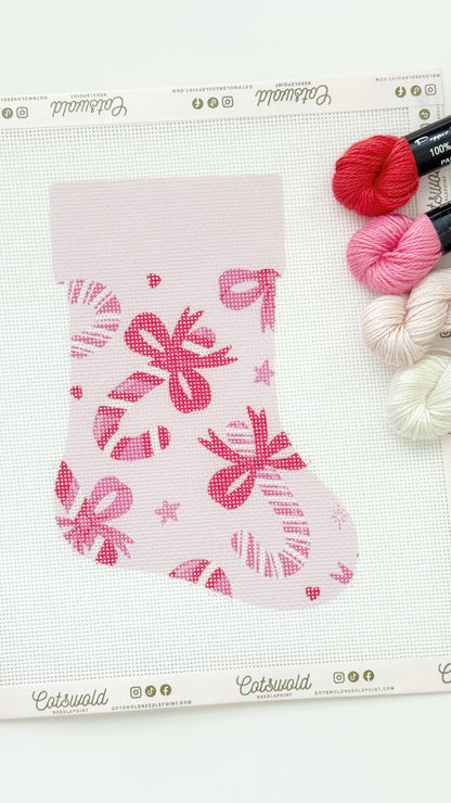 Candy Cane Bows Mini Christmas Needlepoint Canvas, 18 Mesh, Artisan Printed Needlepoint, 6x9 Design