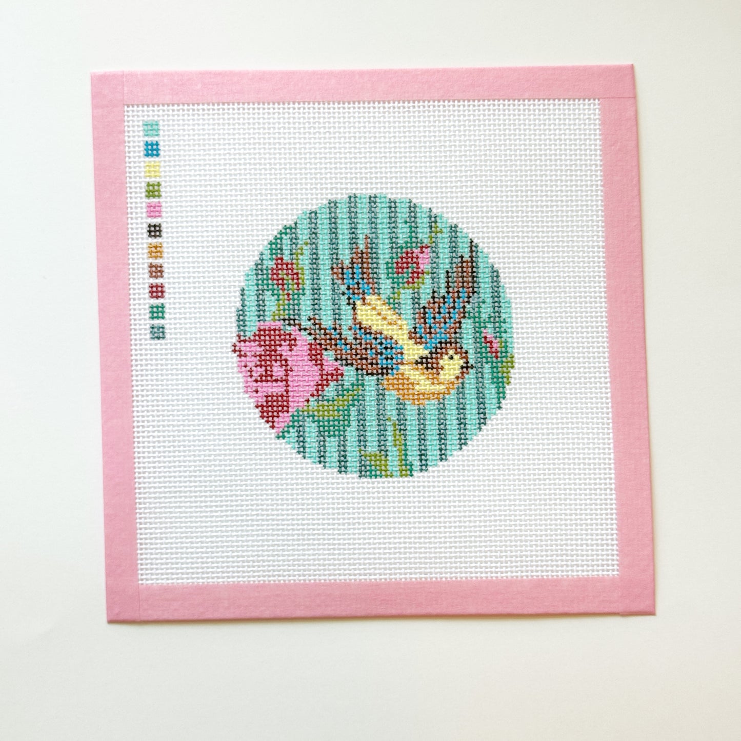Striped Bird with Floral Ornament Round Needlepoint Canvas, 4” Design, 13 Mesh