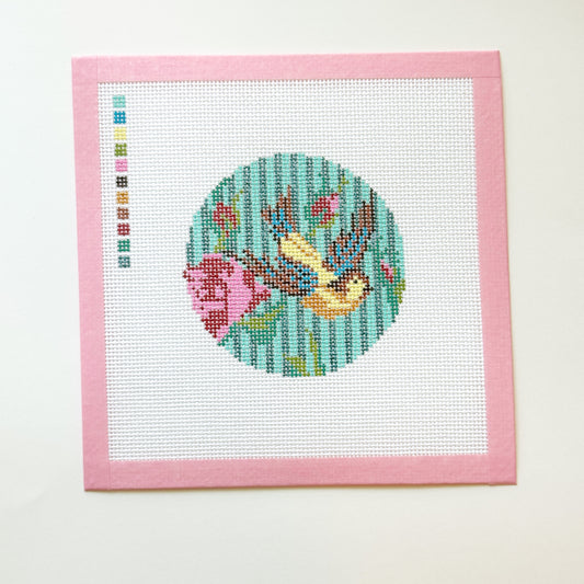 Striped Bird with Floral Ornament Round Needlepoint Canvas, 4” Design, 13 Mesh