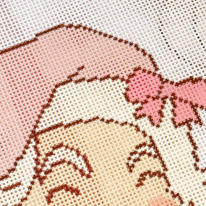 Pink Bow Santa 18 Mesh Needlepoint Canvas 5.5”x7” Design, Christmas Needlepoint Canvas Hand Painted