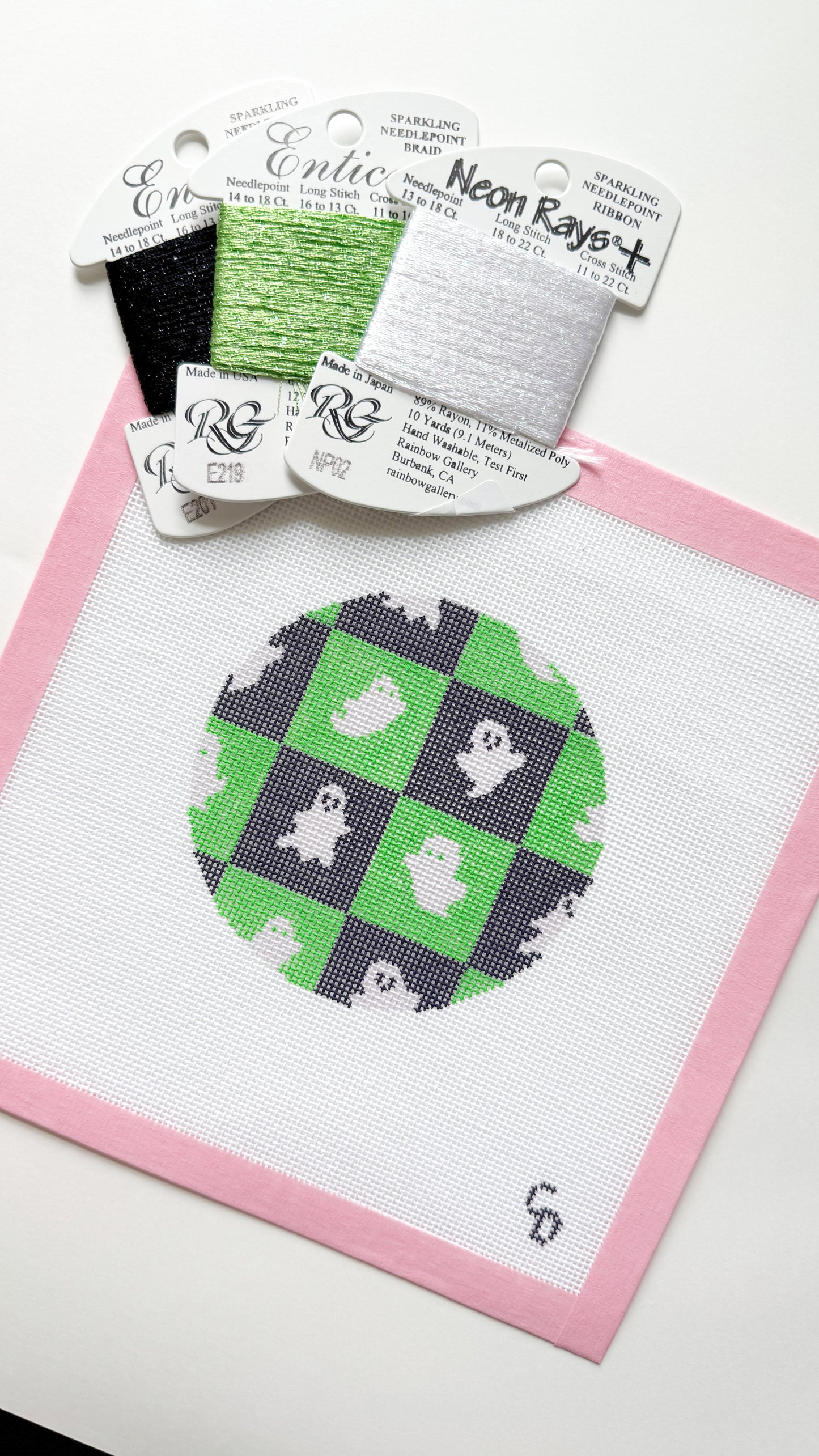 Checkered Ghost Round Halloween Needlepoint Canvas, Halloween Ornament Needlepoint, 18 Mesh, 4x4 Design