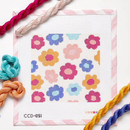 Retro Flower Pillow Needlepoint Canvas | Hand-Painted 13 Mesh | 8.5” x 8.5” Design on 12” x 12” Canvas